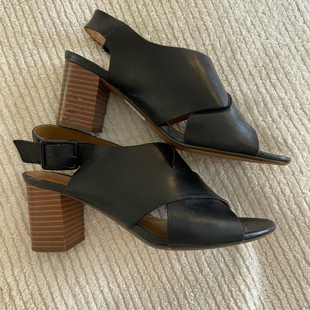 Clarks Black Leather Block Heel Sandals